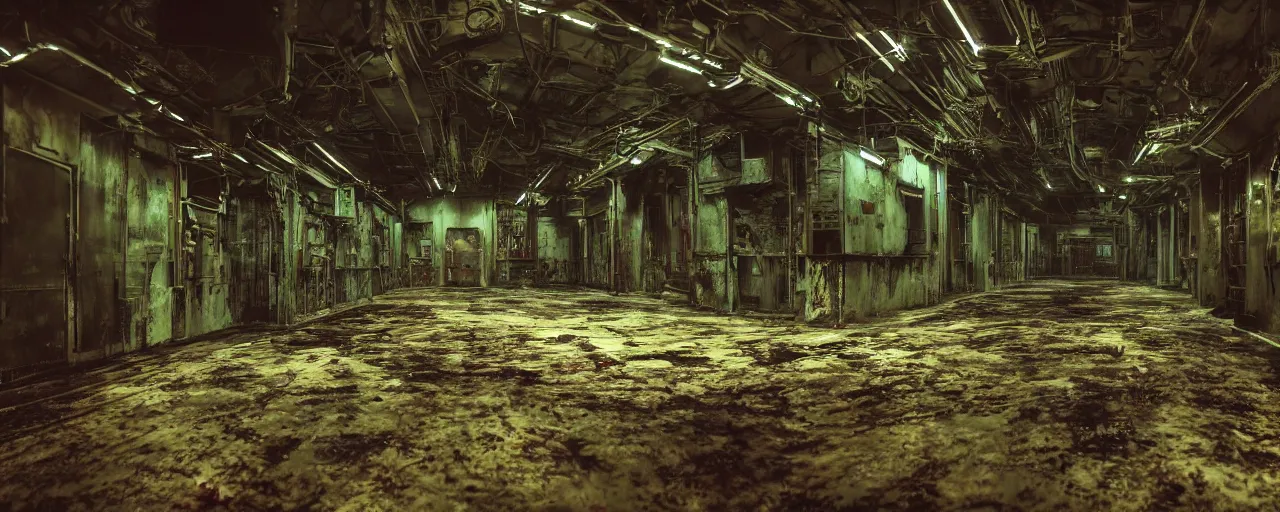 Prompt: Film still of a dimly lit corridor on an alien space ship, dark matte metal, floor grills, ventilation shafts, dusty, orange and red lighting, burning fire, water dripping, puddles, wet floor, rust, decay, green vines, overgrown, tropical, tilted camera angle, wide-angle lens vanishing point, year 3000, Cinestill colour cinematography, anamorphic