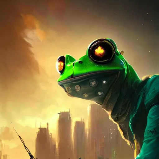 Prompt: a portrait style photo of a cyborg - frog, cyberpunk, cinematic view, epic sky, detailed, concept art, low angle, high detail, warm lighting, volumetric, godrays, vivid, beautiful, trending on artstation, by jordan grimmer, greg rutkowski