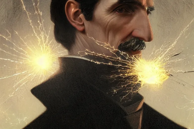 Prompt: a portrait of Nikola Tesla with a background of sparks and electricity, bright lighting, fog, volumetric lighting, intricate, elegant, highly detailed, digital painting, artstation, concept art, smooth, sharp focus, art nouveau, art by artgerm and greg rutkowski and alphonse mucha