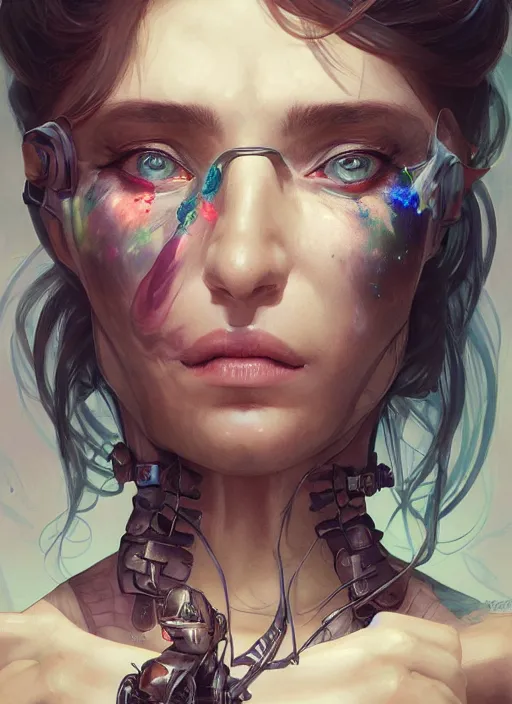 Prompt: a woman with a buggy television head, headshot, painted fantasy character portrait, D&D, highly detailed, digital painting, artstation, sharp focus, art by artgerm and greg rutkowski and alphonse mucha and magali villeneuve