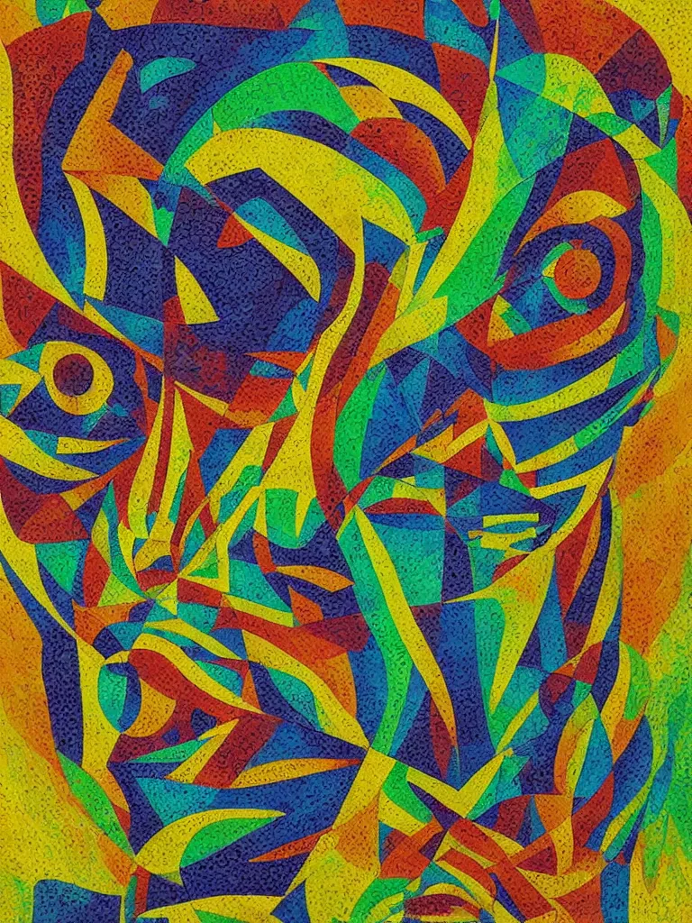 Image similar to an abstract painting of a face showing elements of pixel art, sacred geometry, mossy raised lettering, modern cubism, biomechanics, artistic composition, sharp focus, intricate concept art, digital painting, colorful flat surreal design