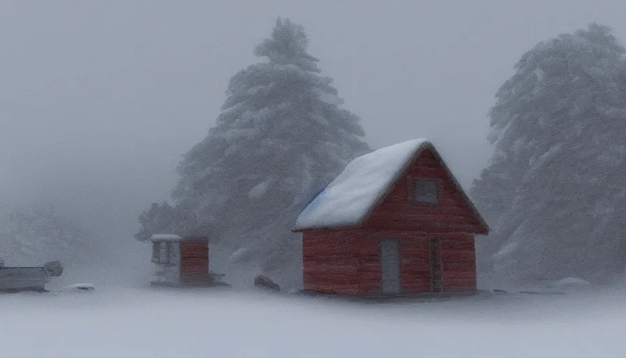 Prompt: A Snowplow clearing a beautiful snowy landscape with a small hut in the background. A blizzard and heavy snow falls. Fog and mist, highly detailed, concept art, digital art, 4k