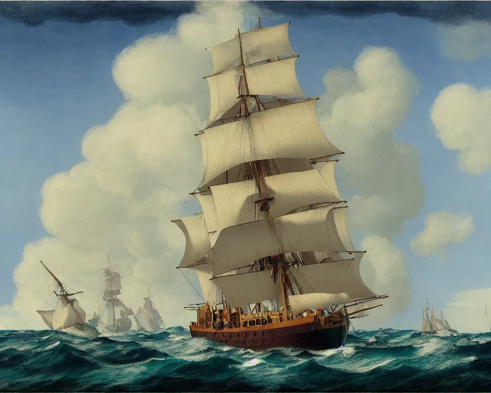 Prompt: an achingly beautiful print of the HMS Bounty sailing on stormy seas by Raphael, Hopper, and Rene Magritte. detailed, romantic, enchanting, trending on artstation.