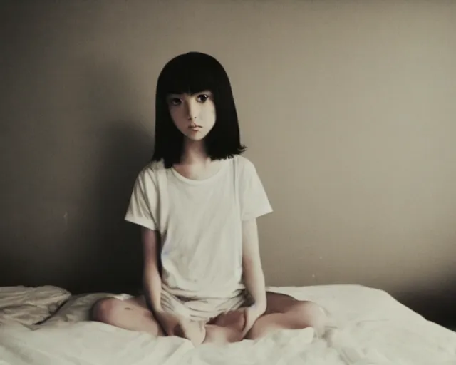 Prompt: a film still of lone anime girl in white tshirt is sitting on poor bed in pale colors room in dark russian flat, perfect faces, fine details, anime, polaroid