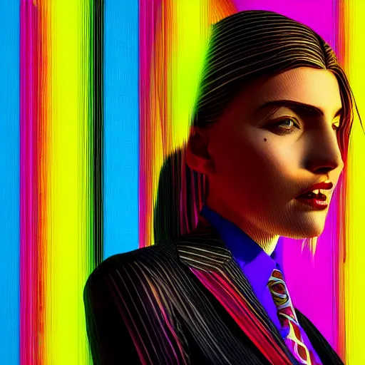 Image similar to stylish woman cartoon portrait made out of rain, pinstripe suit, short blond hair, galactic background, rendered in octane, unreal engine, highly detailed, trending on artstation, realistic, splashes of neon, beautiful
