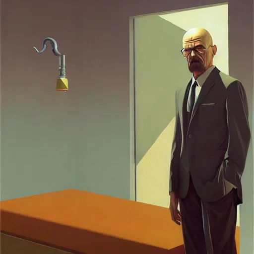 Prompt: Portrait of a Walter white wearing a business, very coherent, painted by Edward Hopper, Wayne Barlowe, painted by James Gilleard, airbrush, art by JamesJean