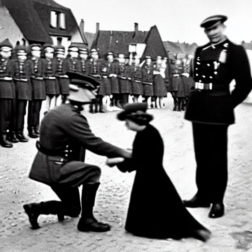 Image similar to ultra wide 1 9 4 6 blurry historical photo of a single german general kneeling before a young queen elizabeth in a french village, her brown and white corgis are next to her, highly detailed, sharp focus