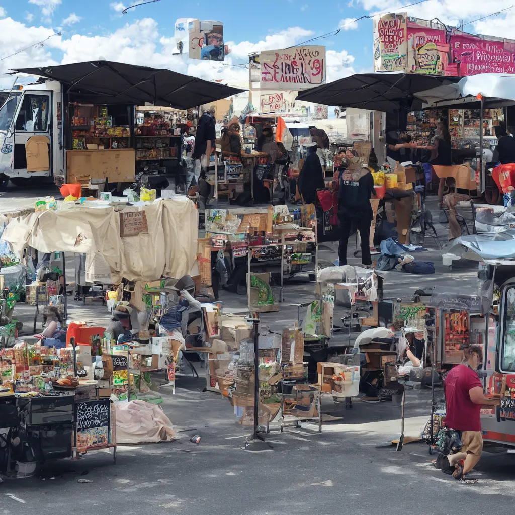 Prompt: food truck With line along side homeless tent . grocery store and smoke shop across the street