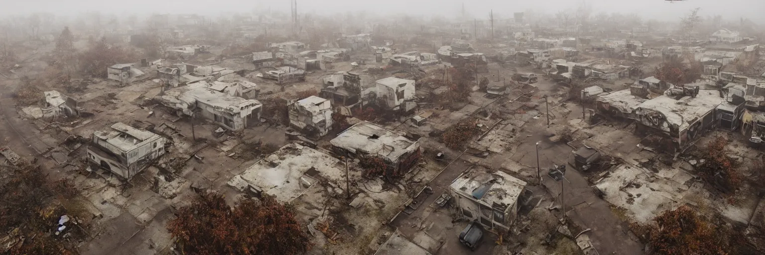 Prompt: wide angle drone shot of dilapidated silent hill in real life, desolate town, empty streets, nightmarish, some rusted retro futuristic fallout 4 style parked cars, overcast, blankets of fog pockets, rain, volumetric lighting, beautiful, daytime, autumn, sharp focus, ultra detailed, cgsociety