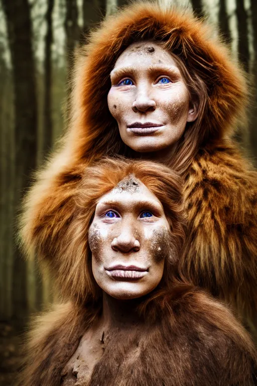 Image similar to a professional portrait photo of a gentle strong neanderthal woman in the forest in winter holding a spear, freckles and mud on face, black stripe painted side to side across her eyes, ginger hair and fur, extremely high fidelity, natural lighting,