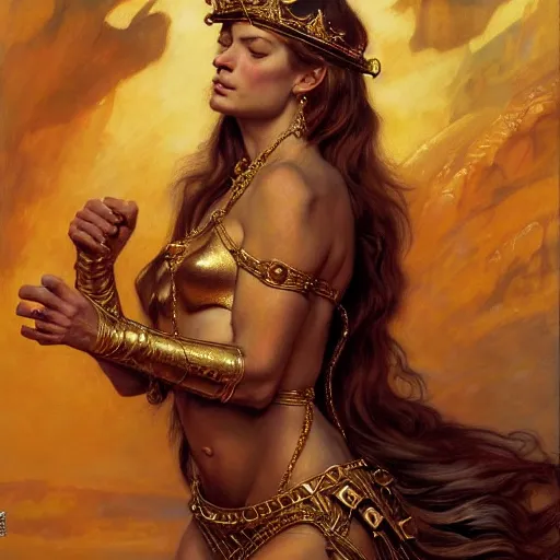 Image similar to highly detailed portrait of a majestic lioness queen in the form of a beautiful woman. d & d. art by donato giancola, eugene delacroix, ruan jia, alberto vargas. trending on artstation, intricate details, energetic composition, golden ratio, concept art, illustration, elegant art, global illuminaition