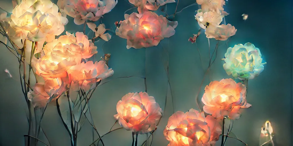 Prompt: breathtaking detailed concept art painting art deco of glowing flowers, by hsiao - ron cheng, bizarre compositions, exquisite detail, extremely moody lighting, 8 k