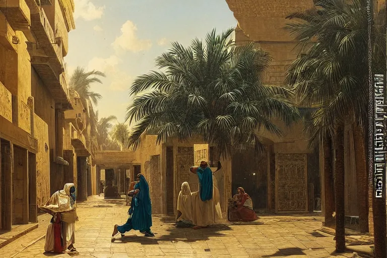 Image similar to palm tree-lined street at midnight in a very ancient very beautiful Egyptian city by Ludwig Deutsch and Rudolf Ernst, colorful tiled architecture, strong dramatic cinematic lighting, lost civilizations, smooth, sharp focus, extremely detailed