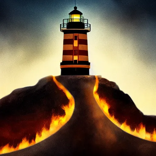 Image similar to a lighthouse in hell. 4 k dannated people. fire. light. cinematic. rule of thirds. realistic.