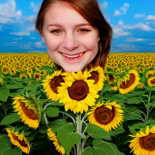 Image similar to Portrait, Illustration of a Ukrainian girl Smiling at the camera, Beautiful pretty young, flowers in her dark hair, Scene: Sunflower field, Colors: Yellow sunflowers, blue cloudy sky, In a style of Miniature World