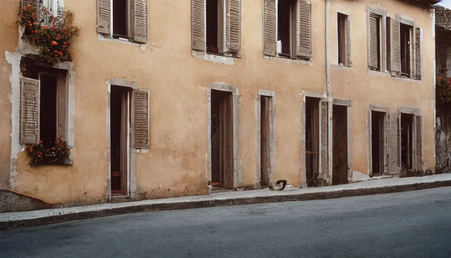 Image similar to 1 9 6 0 s movie still of a burning french style townhouse in a small french village, cinestill 8 0 0 t 3 5 mm technicolor, high quality, heavy grain, high detail, texture, dramatic light, ultra wide lens, panoramic anamorphic, hyperrealistic