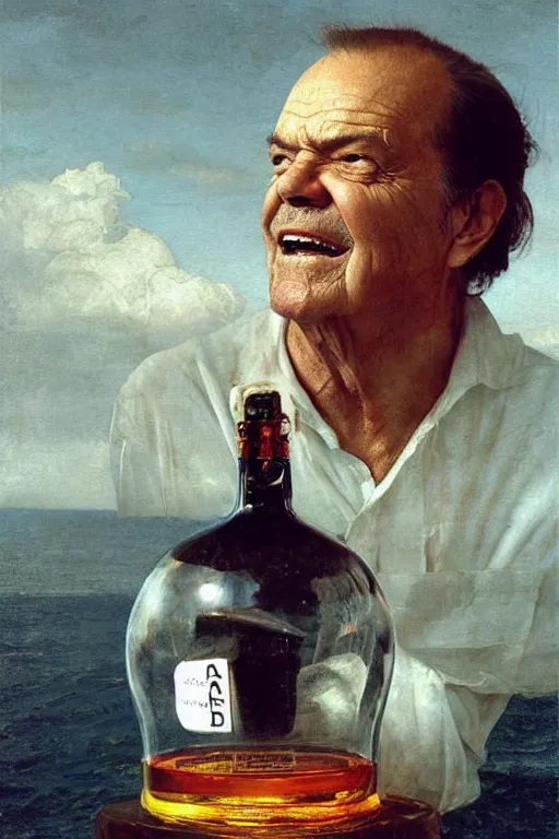 Image similar to a ship in a bottle but instead of a ship it is jack nicholson in the bottle, painting by caravaggio, artgerm, greg rutkowski, edgar maxence, norman rockwell, tom bagshaw