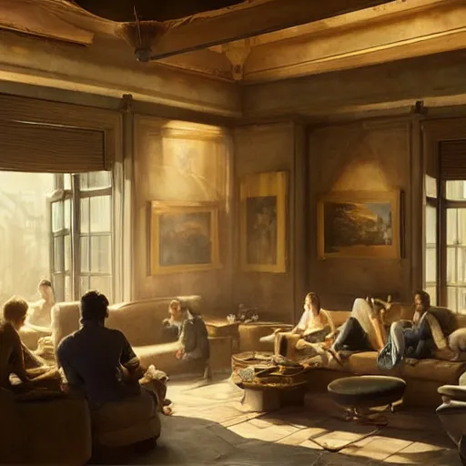 Image similar to epic masterpiece of cinematographic hyperrealism where a lot of people communicating with each other in a large lounge. realistic shaded lighting poster by craig mallismo, artgerm, jeremy lipkin and michael garmash, unreal engine, radiant light, detailed and intricate environment, digital art, art station trends