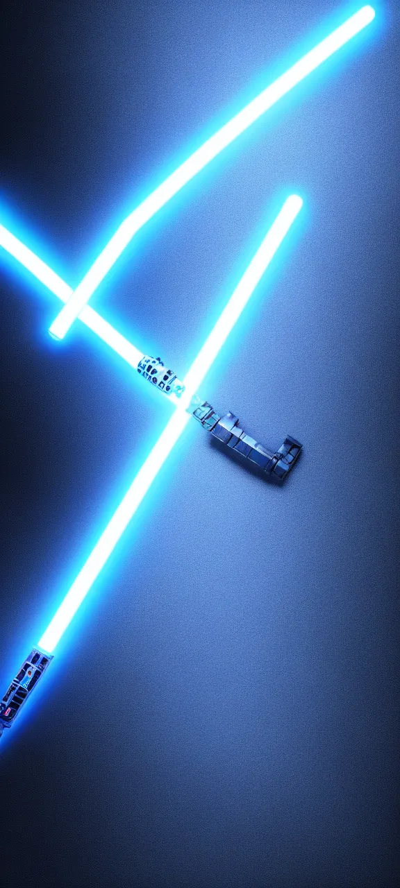 Image similar to detailed cinematic render, of a blue cyberpunk lightsaber lying vertically on a glossy black floor, in a dark room, photo from above, octane render 8 k, digital art, lightsaber wallpaper 4 k, ray tracing, jedi fallen order lightsaber wallpaper 4 k, cal kestis lightsaber wallpaper