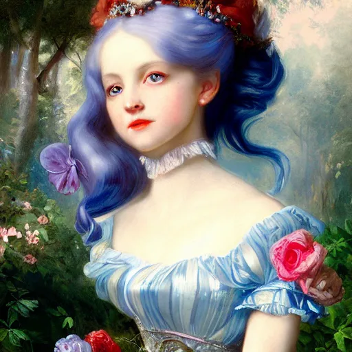 Image similar to Alice in Wonderland,a portrait of a beautiful blue hair girl,Diamonds Blaze,Rose twining,luxuriant,dreamy, eternity, romantic,highly detailed,in the style of Franz Xaver Winterhalter, highly detailed,in the style of Aetherpunk