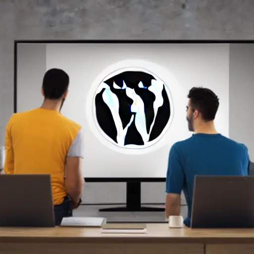 Prompt: developers sitting in front of a screen, removing wordpress with a hammer