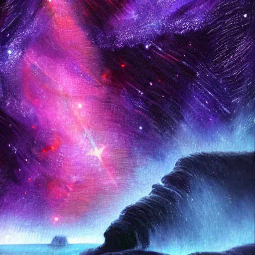 Prompt: waterfall in asteroid field, purplish blueish space with stars in background, ultra detailed, high quality, artstation award winner, oil painting, digital painting, photorealistic, 8k, vibrant, ultra detailed water