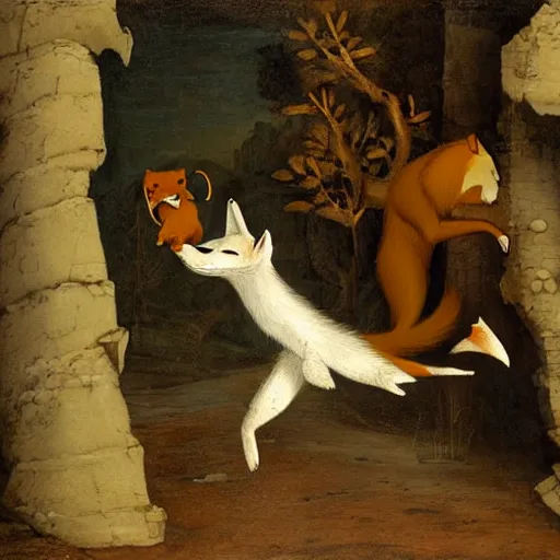 Image similar to an anthropomorphic Fox explores a Dungeon, Renaissance Painting