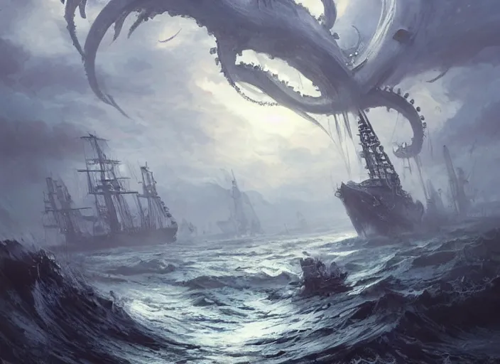 Image similar to Kraken attacking a ship, a fantasy digital painting by Greg Rutkowski and James Gurney, trending on Artstation, highly detailed