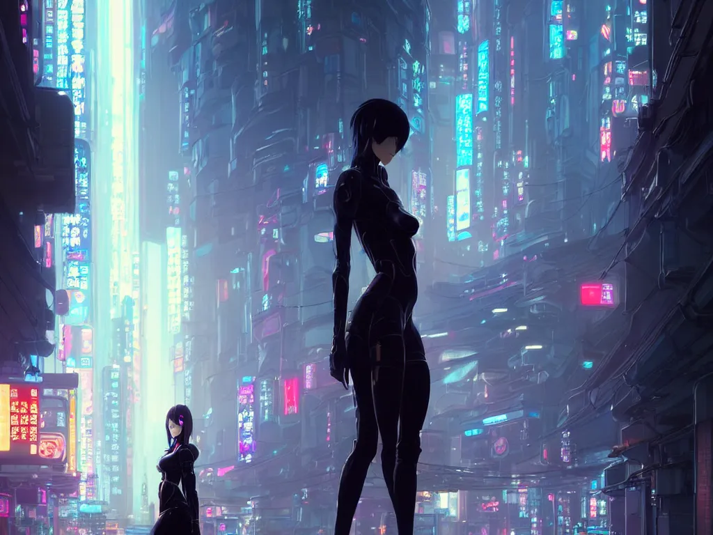 Image similar to Beautiful full body portrait of beautiful cyberpunk woman by Greg Rutkowski and Krenz Cushart and Pan_Ren_Wei and Hongkun_st and Bo Chen and Enze Fu and WLOP and Alex Chow, Madhouse Inc., anime style, crepuscular rays, set in rainy futuristic cyberpunk Tokyo street, dapped light, dark fantasy, feminine figure, smooth skin, gorgeous, pretty face, beautiful fashion model body, high detail, hyper realistic, cgsociety, trending on artstation