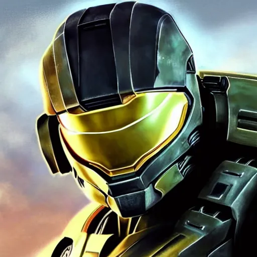 Image similar to A combination of Robert Downey Jr's and Tony Stark's and Tom Cruise's appearances with blonde hair wearing Master Chief's armor from Halo, high tech, action shot, angular, full body portrait, futuristic, dramatic, fantasy, intricate, elegant, highly detailed, digital painting, artstation, concept art, matte, sharp focus, illustration, 8K, art by Donato Giancola and James Gurney