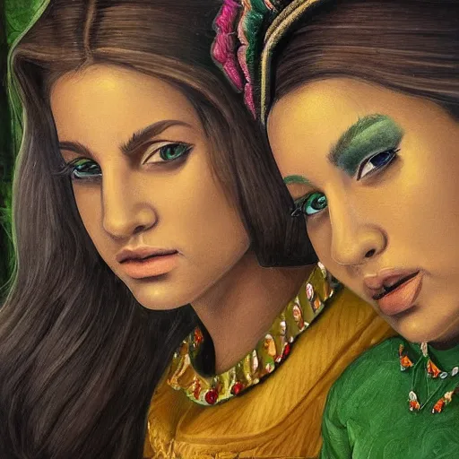 Prompt: a highly detailed painting. Beautiful twin sisters are being looked at by the musician Prince. He is green with jealousy. Trending on Artstation.