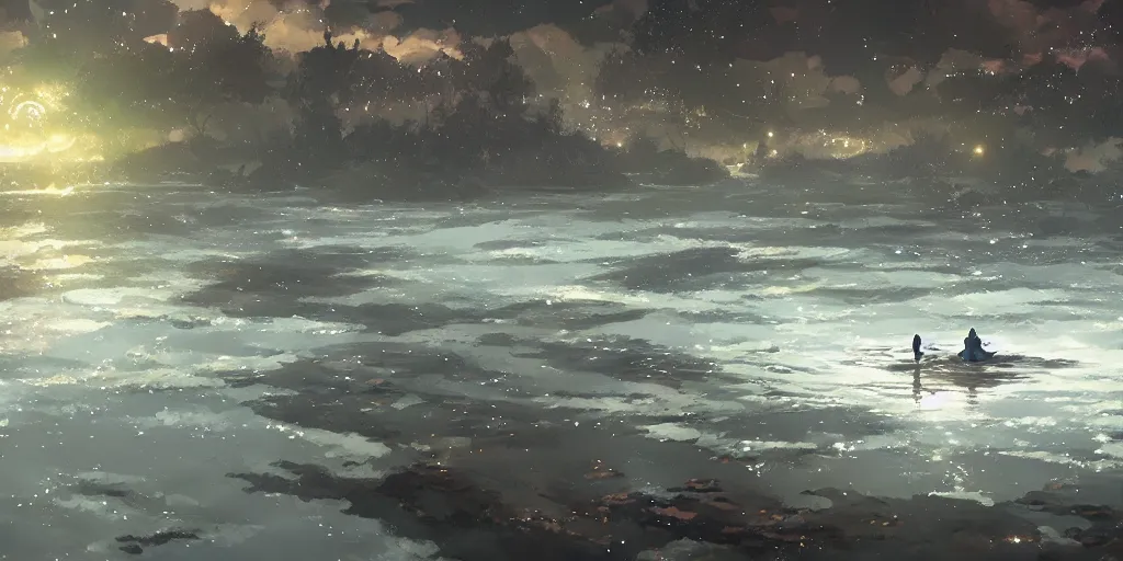 Prompt: Stars floating out of a river by Makoto Shinkai, Greg Rutkowski, and Krenzcushart