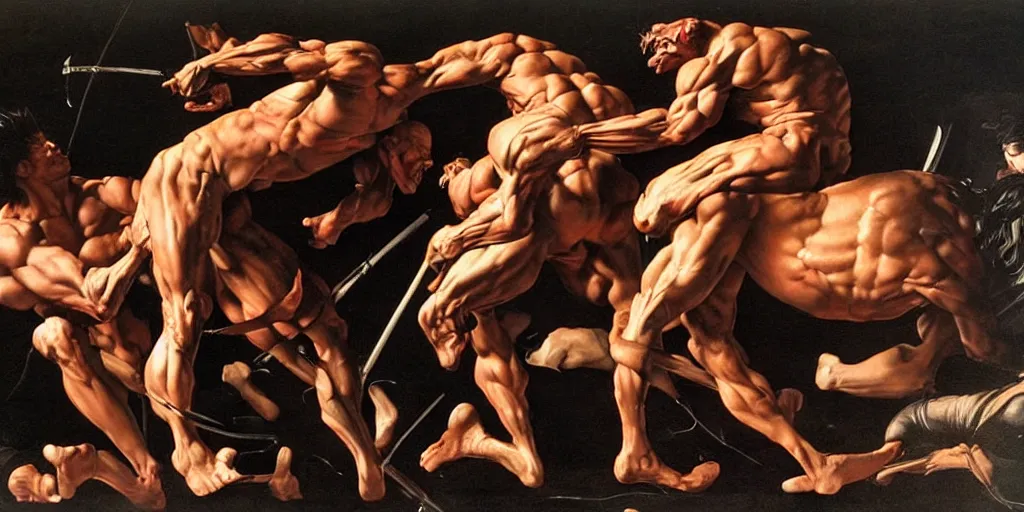 Prompt: hyper muscular centaurs wars, hyper realistic, glossy by caravaggio