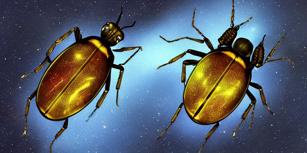 Prompt: lightning bug descendant 1 million in the future is a quadruped with big eyes with rgb ambient lighting ( bug ). the bug wears a spacesuit, and explores the cosmos in a bug - shaped spaceship. science fiction blockbuster movie bugs save the planet or the love bug from saturn, dramatic lighting, interstellar film ( 2 0 1 4 )