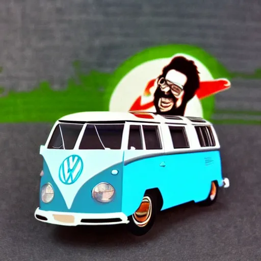 Image similar to jerry garcia (driving a Volkswagen bus) waving, detailed, realistic