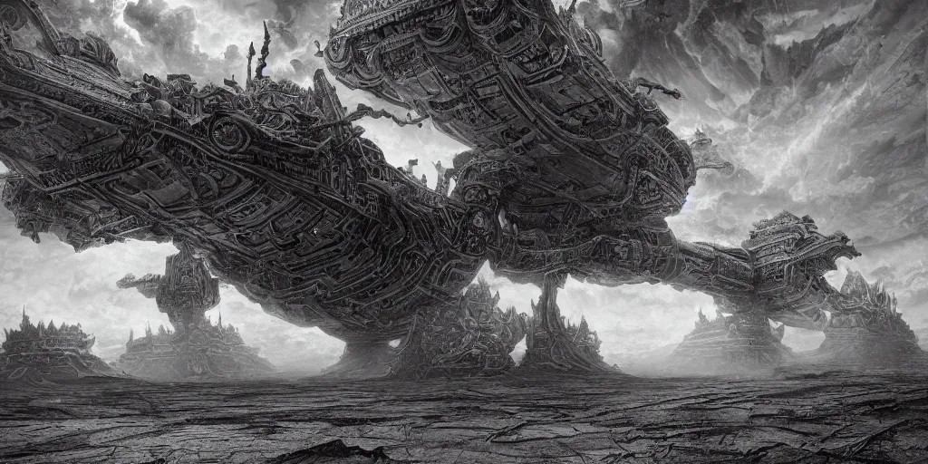 Image similar to a large ominous and geometric very ornate and detailed spaceship, lots of shapes intertwined very large and long floating over a barren dry land with an epic cloud formation on the background by lebbeus Woods, gustave doré, zhuoxin ye, James Paick,very detailed, octane render, 8k, scary and brooding, scary and dark, canon 24mm lens