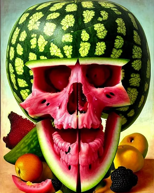 Image similar to interdimensional human watermelon skull being made out of fruits, ethereal still life renaissance painting by giuseppe arcimboldo and alex grey