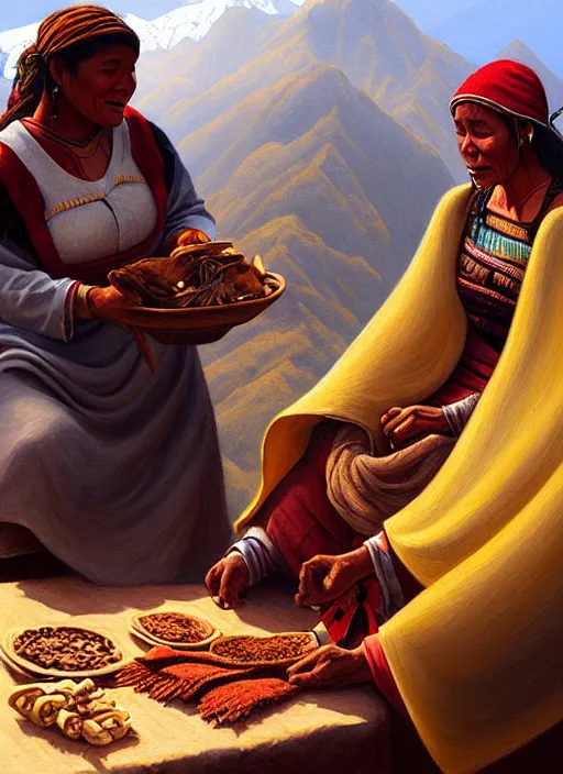 Prompt: a beautiful close up painting of an incan woman exchanging food and fabrics at the top of a mountain with another woman, art by christophe vacher