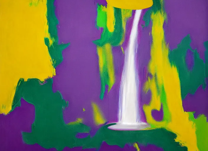 Prompt: minimalistic abstract painting in shape of waterfall, in purple, yellow, dark green, beige, by hernan bas and pat steir and hilma af klint, psychological, photorealistic, dripping paint, washy brush, oil on canvas, rendered in octane, altermodern, masterpiece