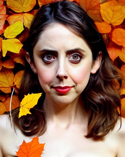 Prompt: gorgeous young Alison Brie, realistic character concept, full body, autumn leaves, orange yellow, medium shot, shorter neck, illustration, symmetrical face and body, realistic eyes, cinematic lighting, detailed realistic symmetrical eyes, symmetrical nose, symmetrical pupils, symmetrical nostrils, face by artgerm, symmetrical nose, high resolution, Joshua Middleton, Charlie Bowater, Tom Bagshaw, single face, insanely detailed and intricate, beautiful