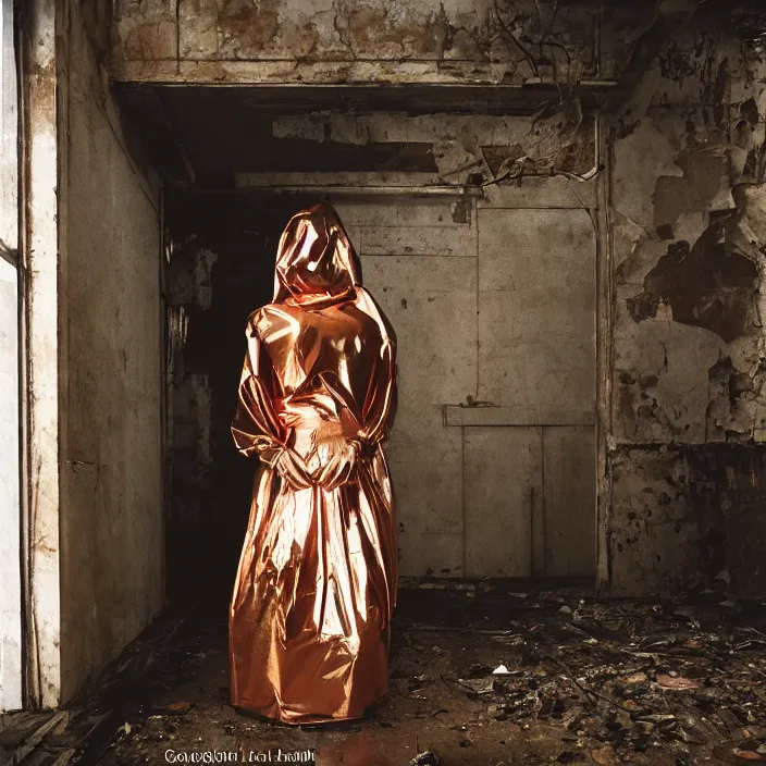 Image similar to closeup portrait of a woman wrapped in copper cellophane, standing in a derelict building interior, color photograph, by gregory crewdson, canon eos c 3 0 0, ƒ 1. 8, 3 5 mm, 8 k, medium - format print