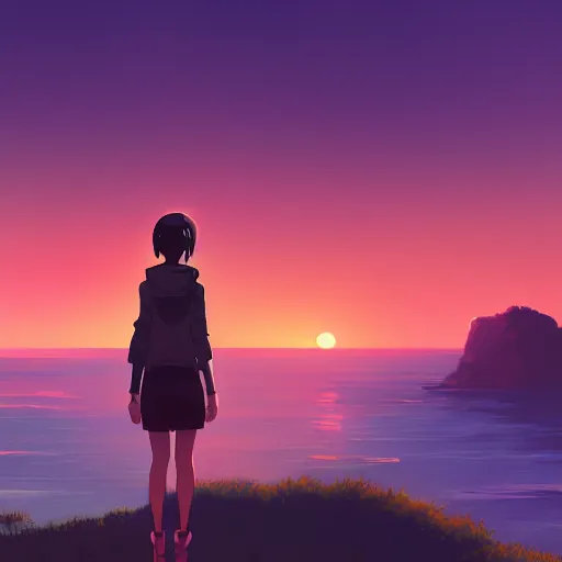 Prompt: A girl standing on the hill looking at the sea with a sunset in style of Makoto Shinkai and Cyberpunk. ArtStation, 8K, Highly Detailed, Intricate, Album Art.