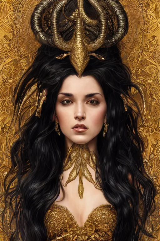 Image similar to fullbody!! of a beautiful woman with long black hair, big natural horns on her head, long flowing intricate dress, gold jewellery, dnd, face, fantasy, intricate, elegant, highly detailed, digital painting, artstation, concept art, smooth, sharp focus, illustration, art by artgerm and greg rutkowski and alphonse mucha