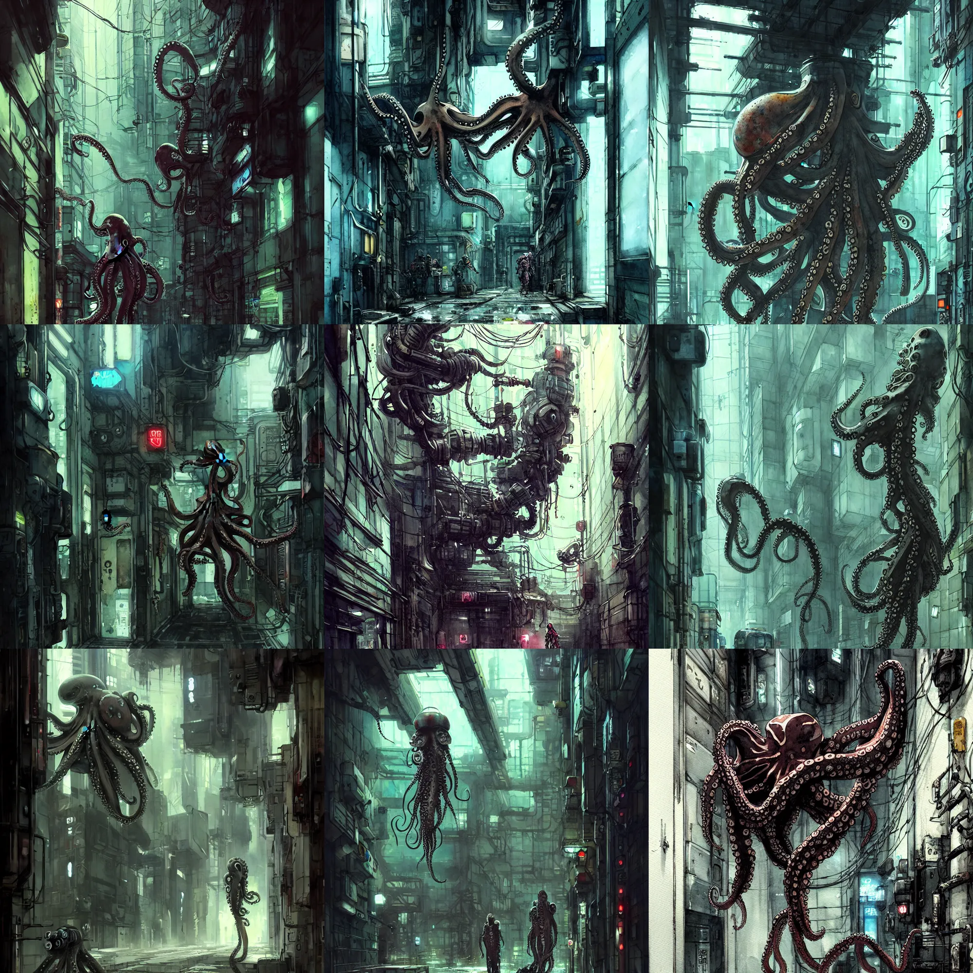 Prompt: octopus in a hallway, cyberpunk, realistic, detailed, industrial scifi, paint, watercolor, in the style of ashley wood and wadim kashin