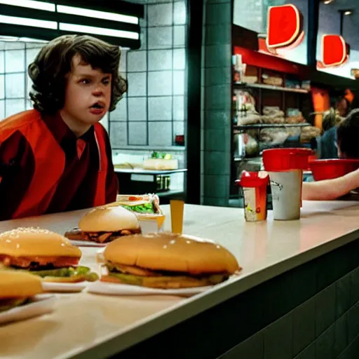 Prompt: an obese demogorgon odering burgers at the counter of a mc donalds restaurant, stranger things, movie scene, high resolution, realistic