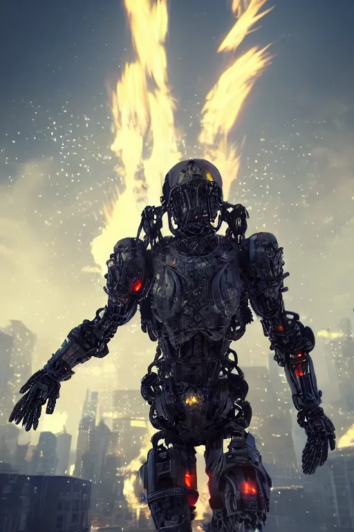 Image similar to Cybernetic Flame Armor, fantasy, photorealistic, glowing eyes, 4k, cinematic lighting, explosive, destroyed cityscape, powerful, bossfight