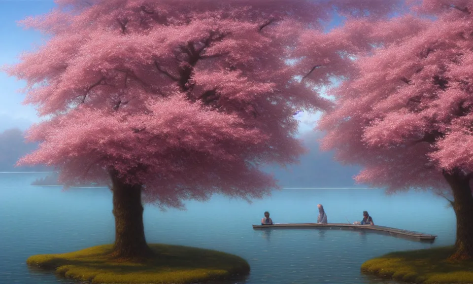 Image similar to a detailed photorealistic computer rendering of cherry trees by the lake, by christophe vacher, trending on artstation