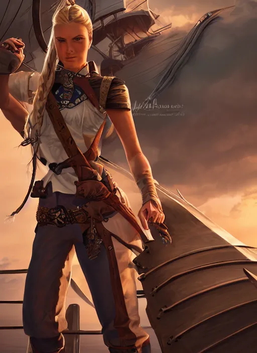 Image similar to An epic fantasy comic book style portrait painting of tall blonde haired female sky-pirate with a serious face and a pony tail in front of a metal gangplank in the style of the wheel of time, unreal 5, DAZ, hyperrealistic, octane render, cosplay, RPG portrait, dynamic lighting