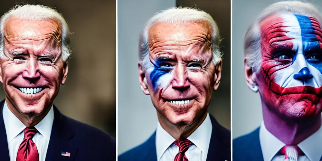 Prompt: Joe Biden wearing the joker Makeup with a creepy smile Resolution