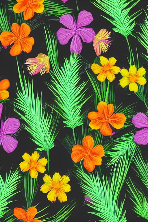 Image similar to muted sonbre detailed vector illustration of photorealistic tropical flowers and green reeds, multiple cohesive colors ranging from warms purples to bright oranges on a ((very dark black background)), 4K resolution, trending on artstation, hd wallpaper